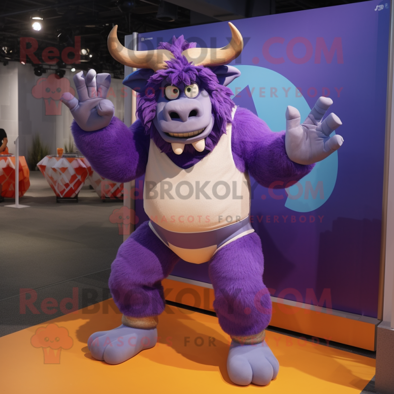 Lavender Minotaur mascot costume character dressed with a Joggers and Belts