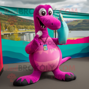 Magenta Loch Ness Monster mascot costume character dressed with a Leggings and Shoe laces