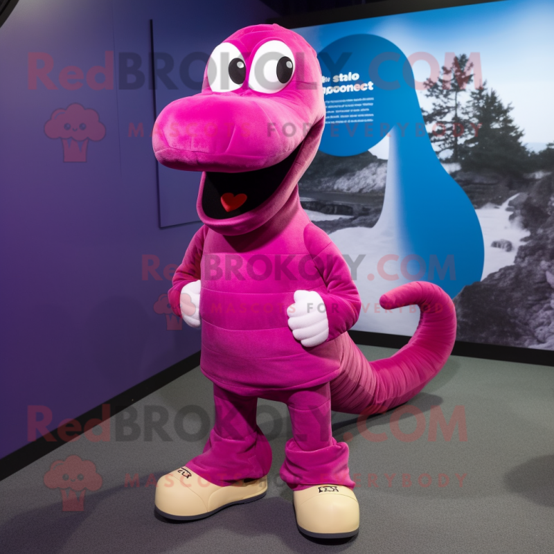 Magenta Loch Ness Monster mascot costume character dressed with a Leggings and Shoe laces