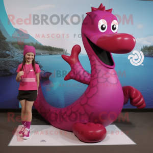 Magenta Loch Ness Monster mascot costume character dressed with a Leggings and Shoe laces