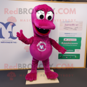 Magenta Loch Ness Monster mascot costume character dressed with a Leggings and Shoe laces