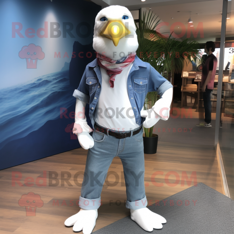 White Albatross mascot costume character dressed with a Flare Jeans and Pocket squares