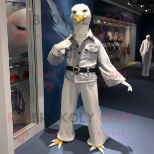 White Albatross mascot costume character dressed with a Flare Jeans and Pocket squares