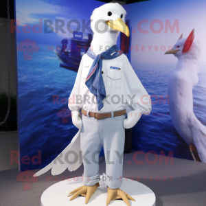 White Albatross mascot costume character dressed with a Flare Jeans and Pocket squares