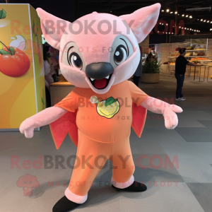 Peach Fruit Bat mascot costume character dressed with a Jumpsuit and Bracelets