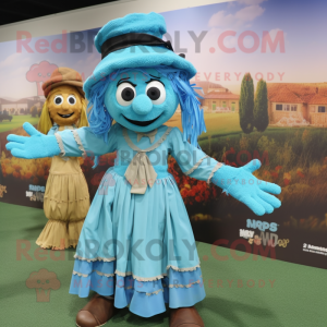 Turquoise Scarecrow mascot costume character dressed with a Wrap Skirt and Berets