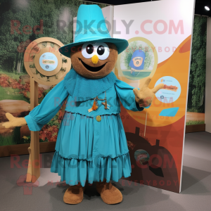 Turquoise Scarecrow mascot costume character dressed with a Wrap Skirt and Berets