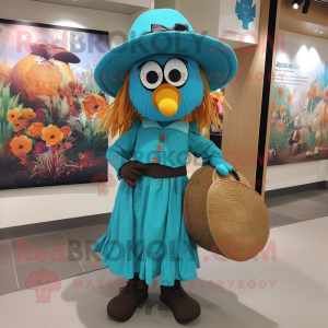 Turquoise Scarecrow mascot costume character dressed with a Wrap Skirt and Berets