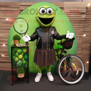 Olive Tennis Racket mascot costume character dressed with a Biker Jacket and Earrings