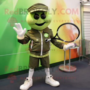 Olive Tennis Racket mascot costume character dressed with a Biker Jacket and Earrings
