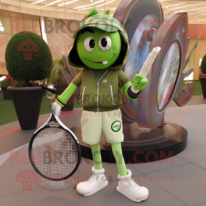 Olive Tennis Racket mascot costume character dressed with a Biker Jacket and Earrings