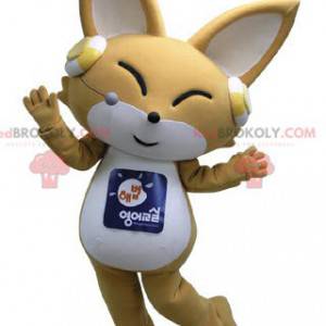 Mascot zorro beige y blanco con auriculares en las orejas -