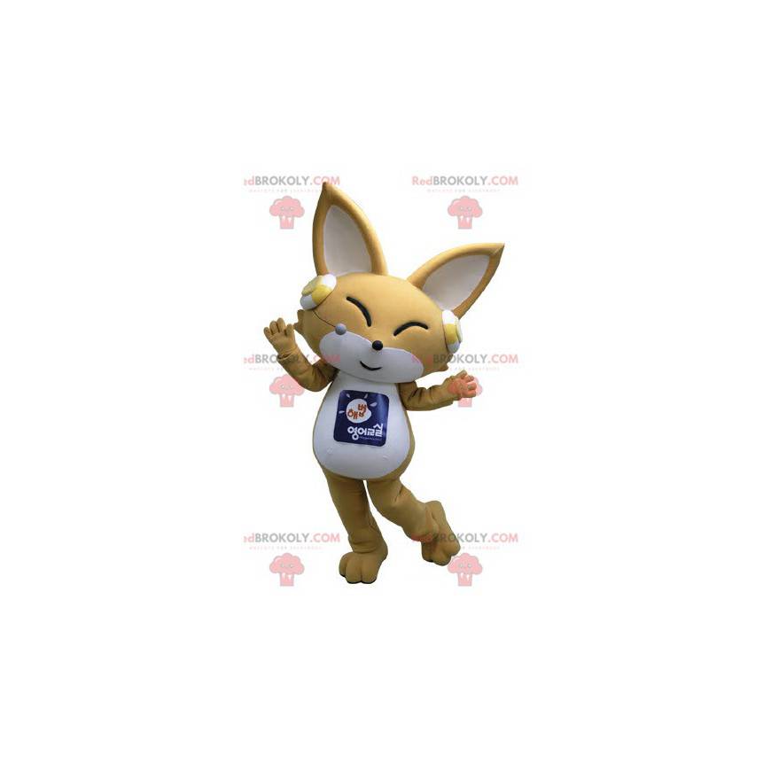 Mascot beige and white fox with headphones on the ears -