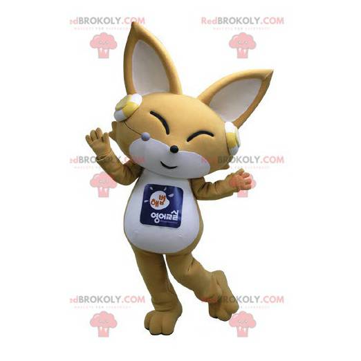 Mascot beige and white fox with headphones on the ears -
