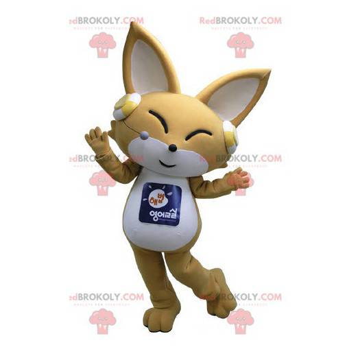 Maskot beige och vit räv med hörlurar på öronen - Redbrokoly.com