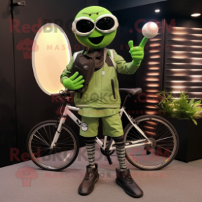 Olive Tennis Racket mascot costume character dressed with a Biker Jacket and Earrings