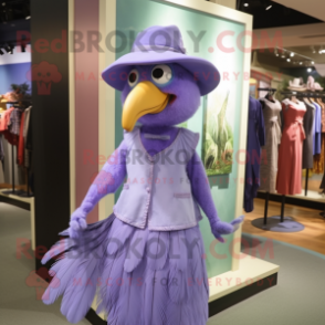 Lavender Parrot mascot costume character dressed with a Midi Dress and Hat pins