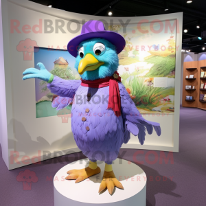 Lavender Parrot mascot costume character dressed with a Midi Dress and Hat pins