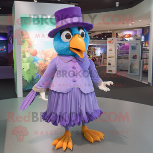 Lavender Parrot mascot costume character dressed with a Midi Dress and Hat pins