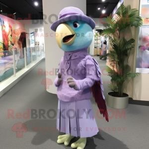 Lavender Parrot mascot costume character dressed with a Midi Dress and Hat pins