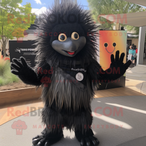 Black Porcupine mascot costume character dressed with a Henley Shirt and Foot pads