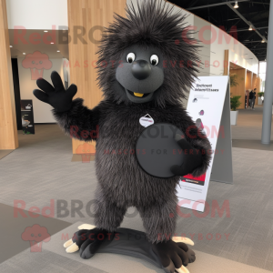 Black Porcupine mascot costume character dressed with a Henley Shirt and Foot pads