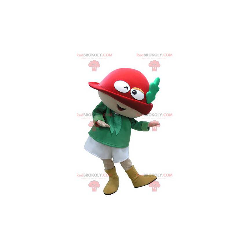 Mascotte de bonhomme de lutin vert et rouge avec un chapeau -