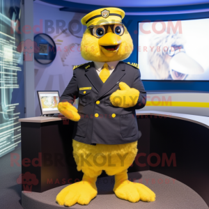 Navy Canary mascot costume character dressed with a Jacket and Digital watches