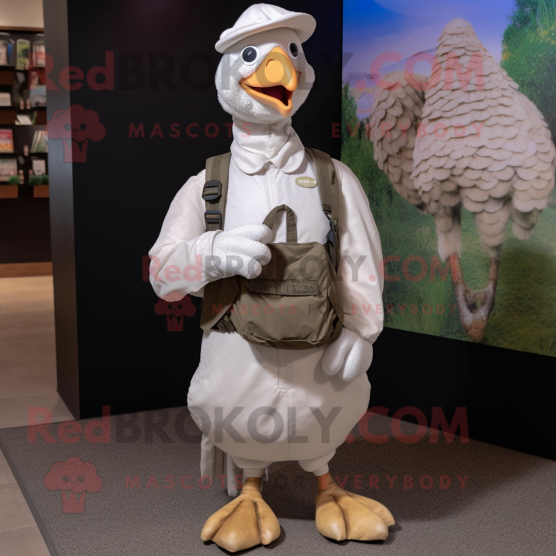 White Guinea Fowl mascot costume character dressed with a Cargo Pants and Gloves