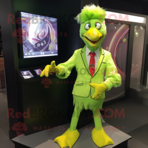 Lime Green Butter Chicken mascot costume character dressed with a Blazer and Digital watches