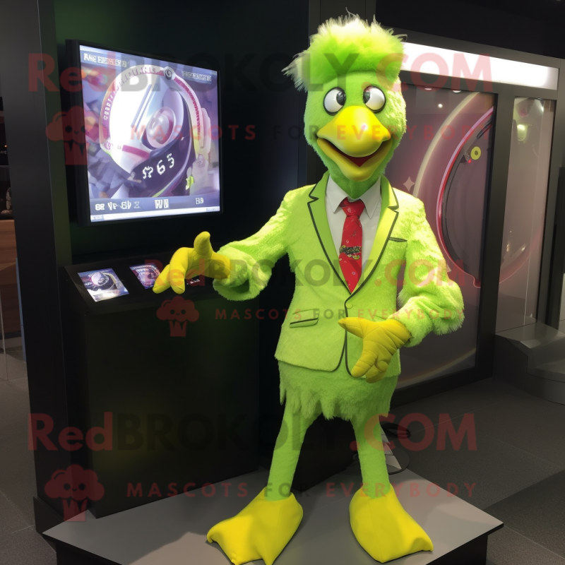 Lime Green Butter Chicken mascot costume character dressed with a Blazer and Digital watches