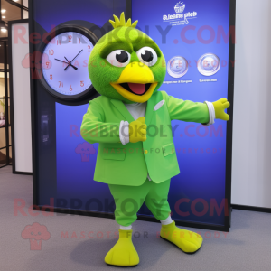 Lime Green Butter Chicken mascot costume character dressed with a Blazer and Digital watches