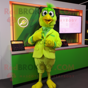 Lime Green Butter Chicken mascot costume character dressed with a Blazer and Digital watches