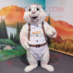 White Marmot mascot costume character dressed with a Vest and Hairpins