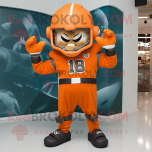 Orange American Football Helmet mascot costume character dressed with a Coat and Suspenders