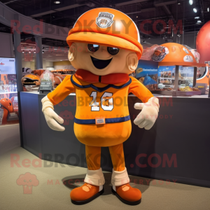 Orange American Football Helmet mascot costume character dressed with a Coat and Suspenders