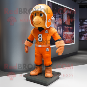 Orange American Football Helmet mascot costume character dressed with a Coat and Suspenders