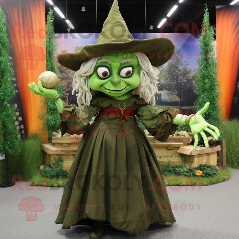 Olive Witch mascot costume character dressed with a Dress and Cummerbunds Olive Witch mascot costume character dressed with a Dress and Cummerbunds