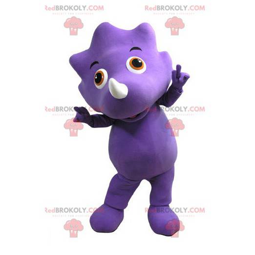 Mascote de dinossauro roxo com olhos laranja - Redbrokoly.com