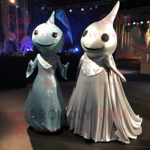 Silver Narwhal mascot costume character dressed with a Evening Gown and Cummerbunds