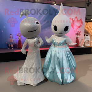 Silver Narwhal mascot costume character dressed with a Evening Gown and Cummerbunds