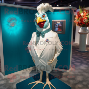 Teal Rooster mascot costume character dressed with a Wedding Dress and Tie pins