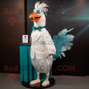 Teal Rooster mascot costume character dressed with a Wedding Dress and Tie pins