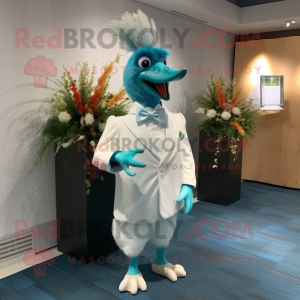 Teal Rooster mascot costume character dressed with a Wedding Dress and Tie pins