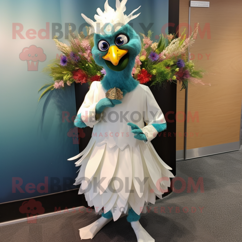 Teal Rooster mascot costume character dressed with a Wedding Dress and Tie pins Teal Rooster mascot costume character dressed with a Wedding Dress and Tie pins