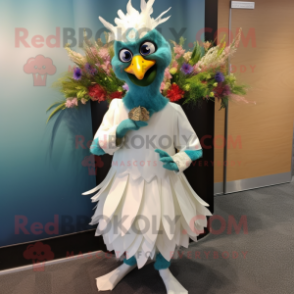 Teal Rooster mascot costume character dressed with a Wedding Dress and Tie pins