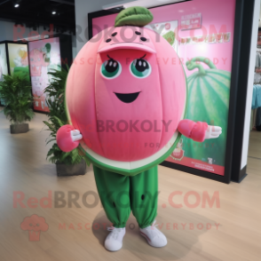 Pink Watermelon mascot costume character dressed with a Sweatshirt and Cummerbunds