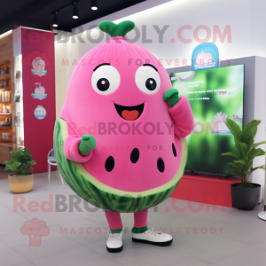Pink Watermelon mascot costume character dressed with a Sweatshirt and Cummerbunds