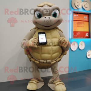 Beige Turtle mascot costume character dressed with a Sweatshirt and Digital watches