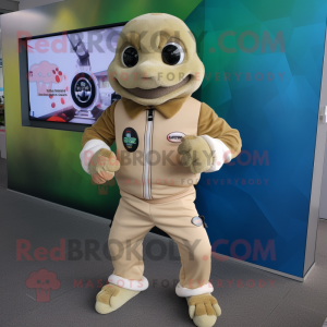 Beige Turtle mascot costume character dressed with a Sweatshirt and Digital watches